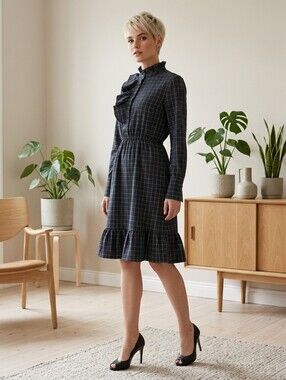 🎏B2G1 Free🎏  100% Cotton, Long-Sleeve Navy Plaid Ruffle Midi Dress